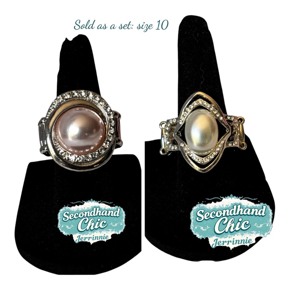 Paparazzi‎ Silver Faux Pearl Rhinestone Stretch Band Ring Set Size 10 Pink White